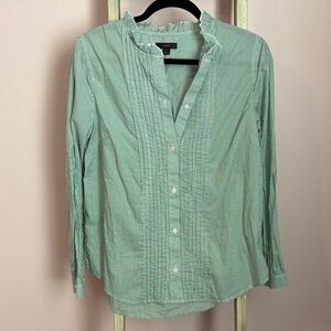 J. Crew Green Striped Button Up with Ruffles